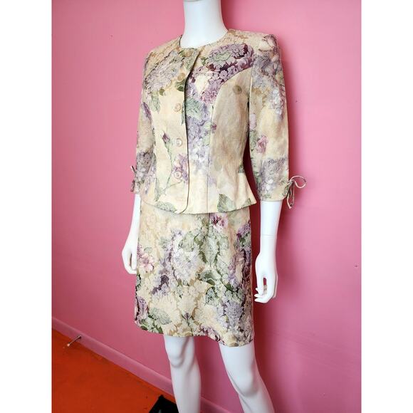 Vintage 1990's Tapestry Sheath Dress Peplum Blazer Suit Set Floral Garden Party - Picture 5 of 10